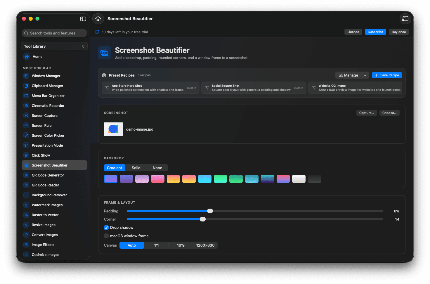 Foldout capture tools on macOS showing a beautified screenshot with a backdrop