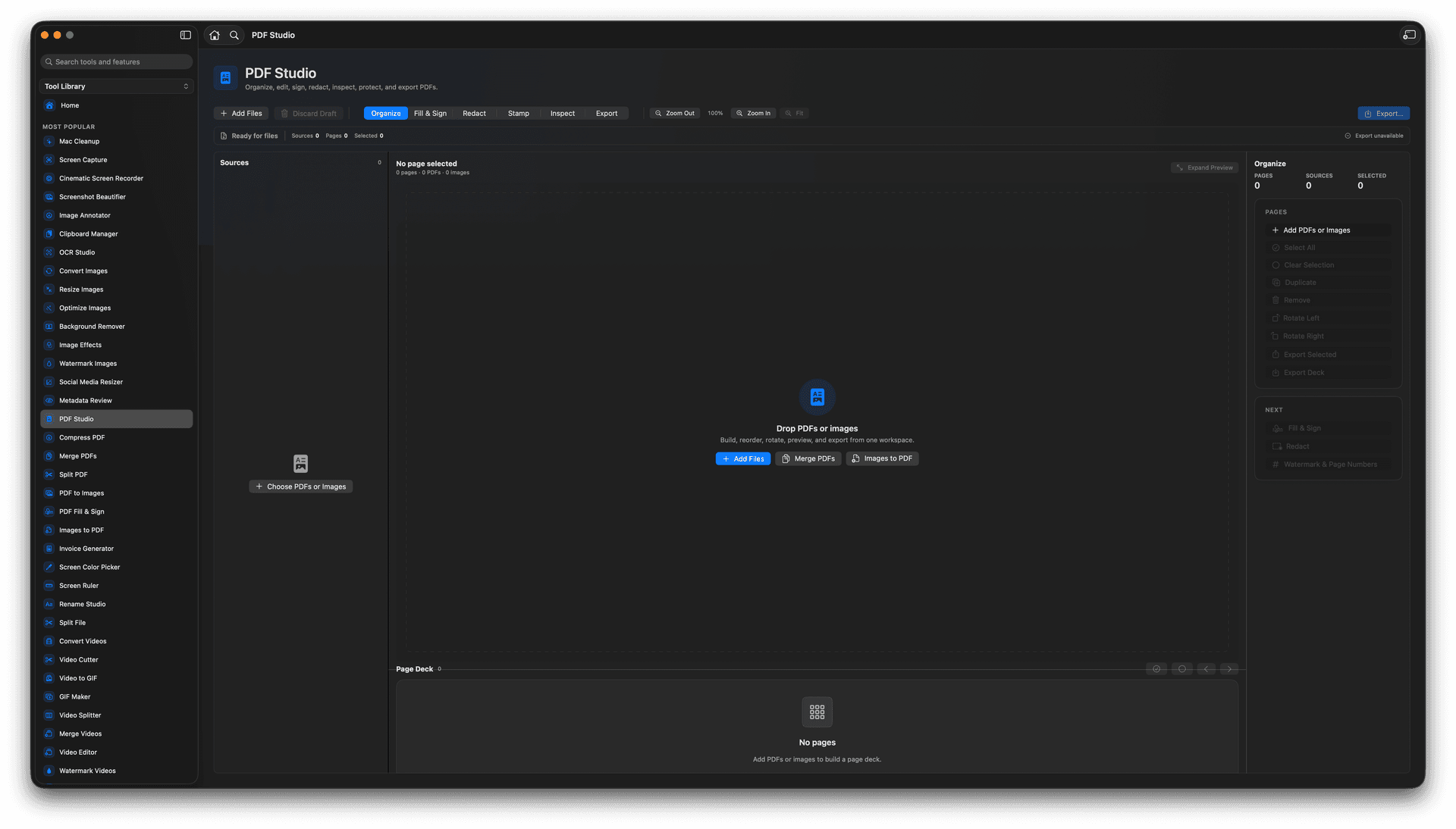 Foldout PDF Studio showing a page deck, document canvas, and inspector on macOS