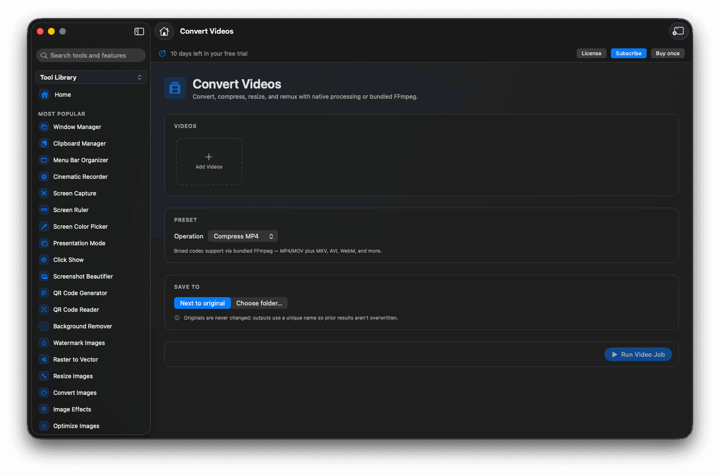 Foldout video tools on macOS showing convert, trim, and GIF options