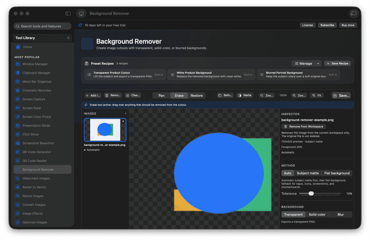 Foldout image tools on macOS showing batch resize, convert, and background removal